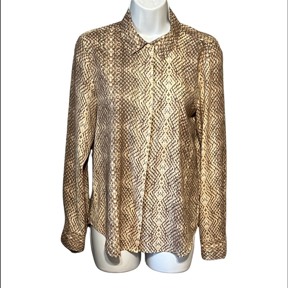 Donna Karan Snake Print Button Up Top Tan Brown Long Sleeve Shirt Small